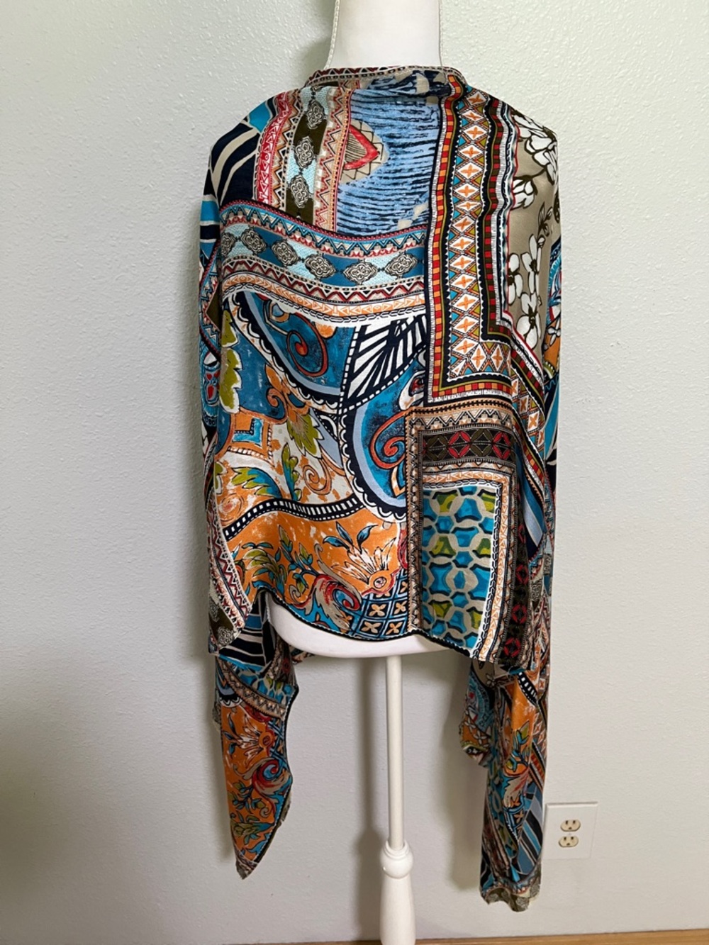 Vibrant Boho Patchwork Print Shawl - Teal & Orange